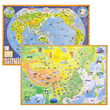 中国地图挂图+世界地图挂图 套装全2册 儿童地理百科知识挂图地图约0.87米X0.6米高清印刷家用客厅装饰挂图